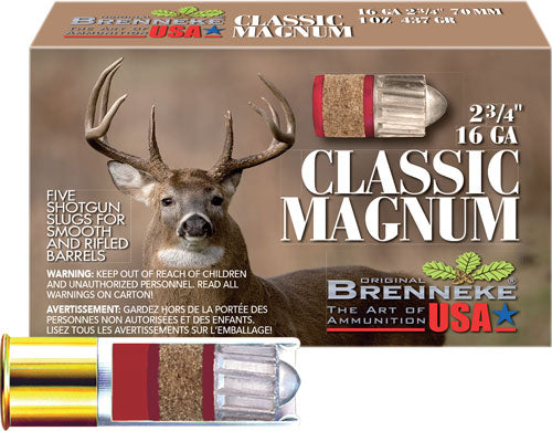 Brenneke Usa Classic Mah 16ga - 2.75" 1oz Slug 5rd 50bx/cs