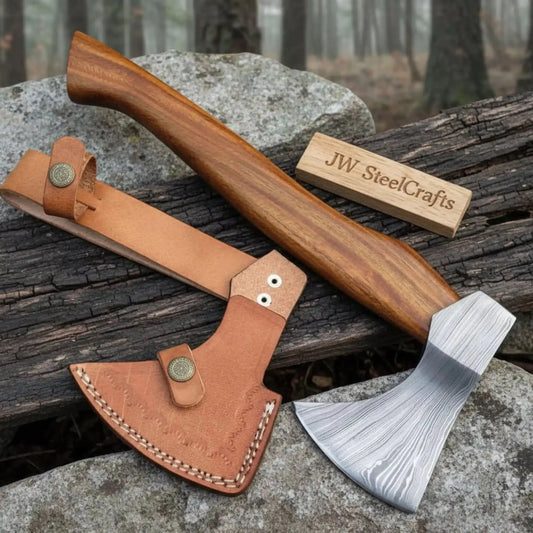 Compact Damascus Steel Camping Axe with Hardwood Handle & Leather Sheath